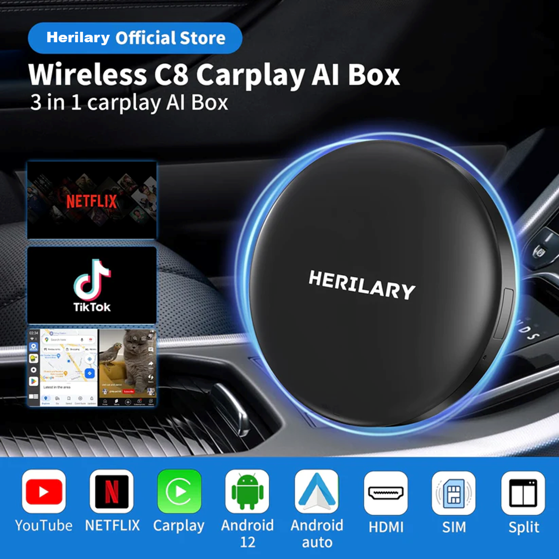 HERILARY C8 Wireless CarPlay 3 in 1 Ai Box
