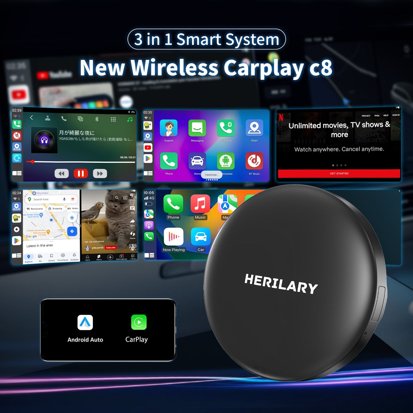HERILARY C8 Wireless CarPlay 3 in 1 Ai Box